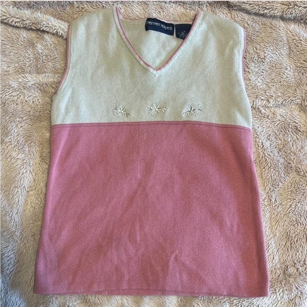 Pink and Cream Sleeveless Top With Embroidered Flowers